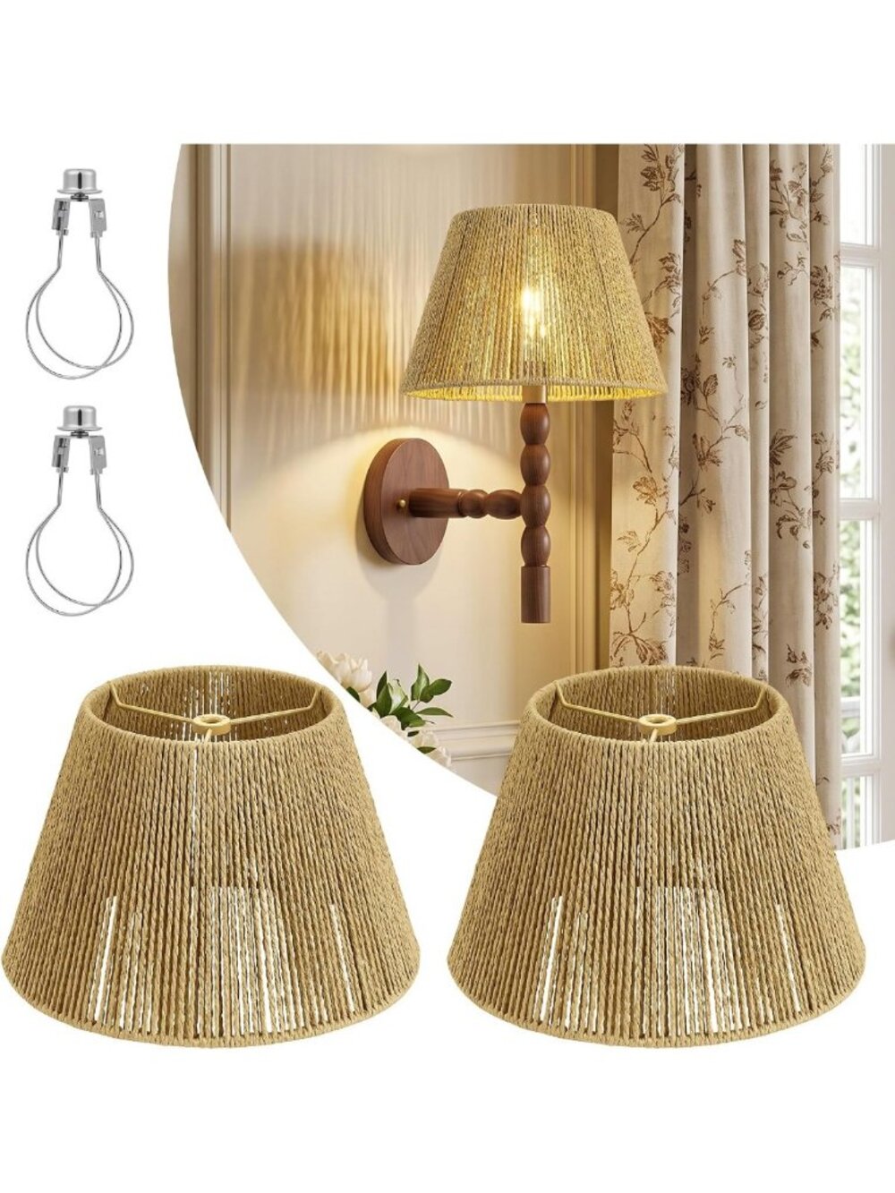 Set of 2 Small Rattan Lampshades, 6x10x7, Boho Chic Table Lamp Decor